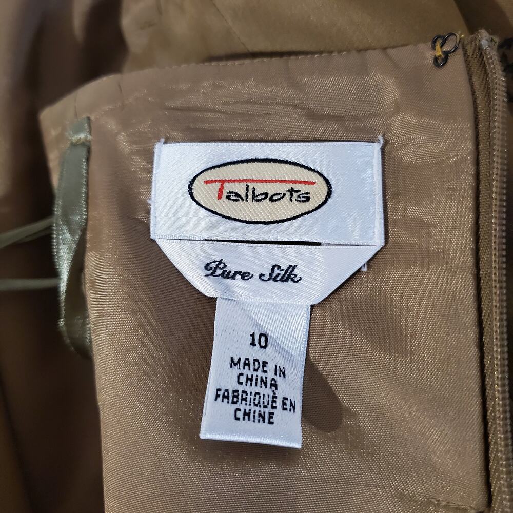 Talbots Vtg 100% Silk Leaf Tie Waist Strapless Dress Womens Size 10 Gold Beige - Picture 10 of 13